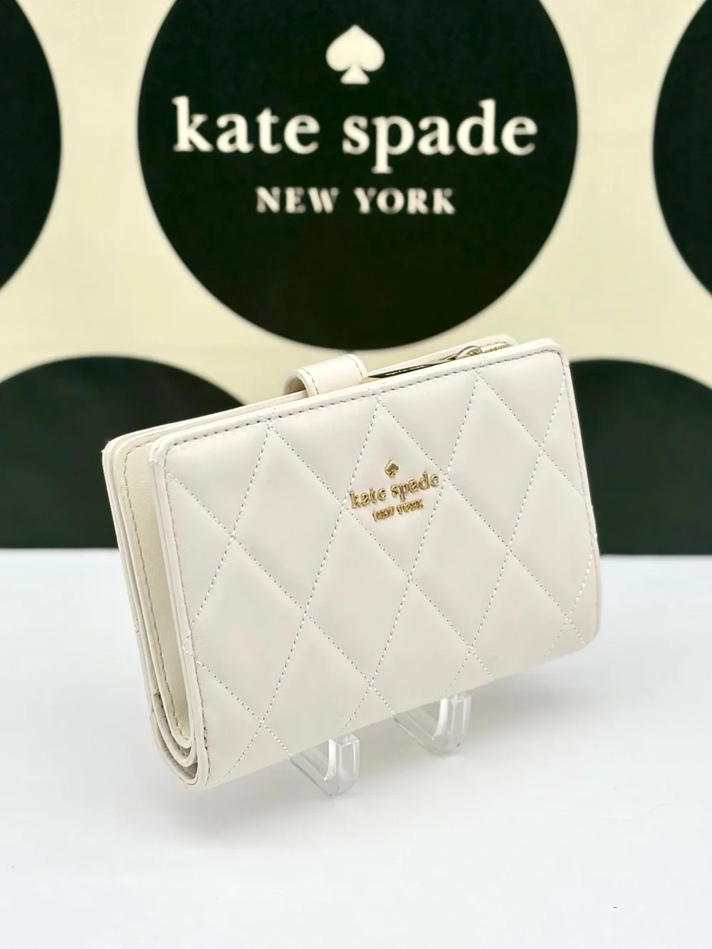 kate spade Cream Quilted Leather Compact Wallet with Gold Logo